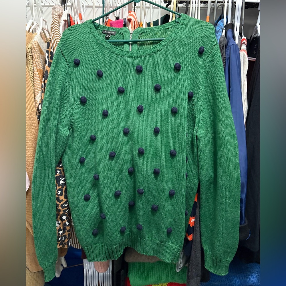 Talbots Green Crewneck Sweater with Navy Pom-Poms
